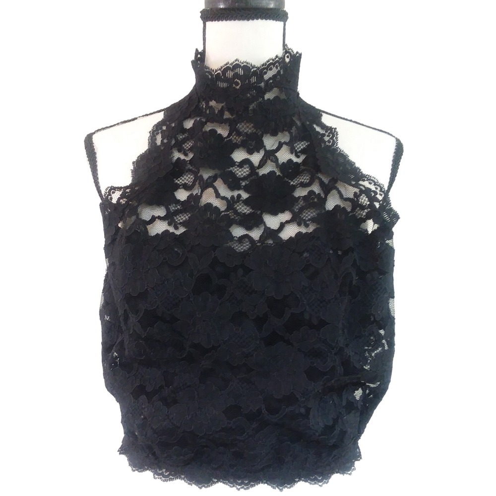 Victoria's Secret Black Floral Accent Lace Halter Top High Neck Bralette 36B USA